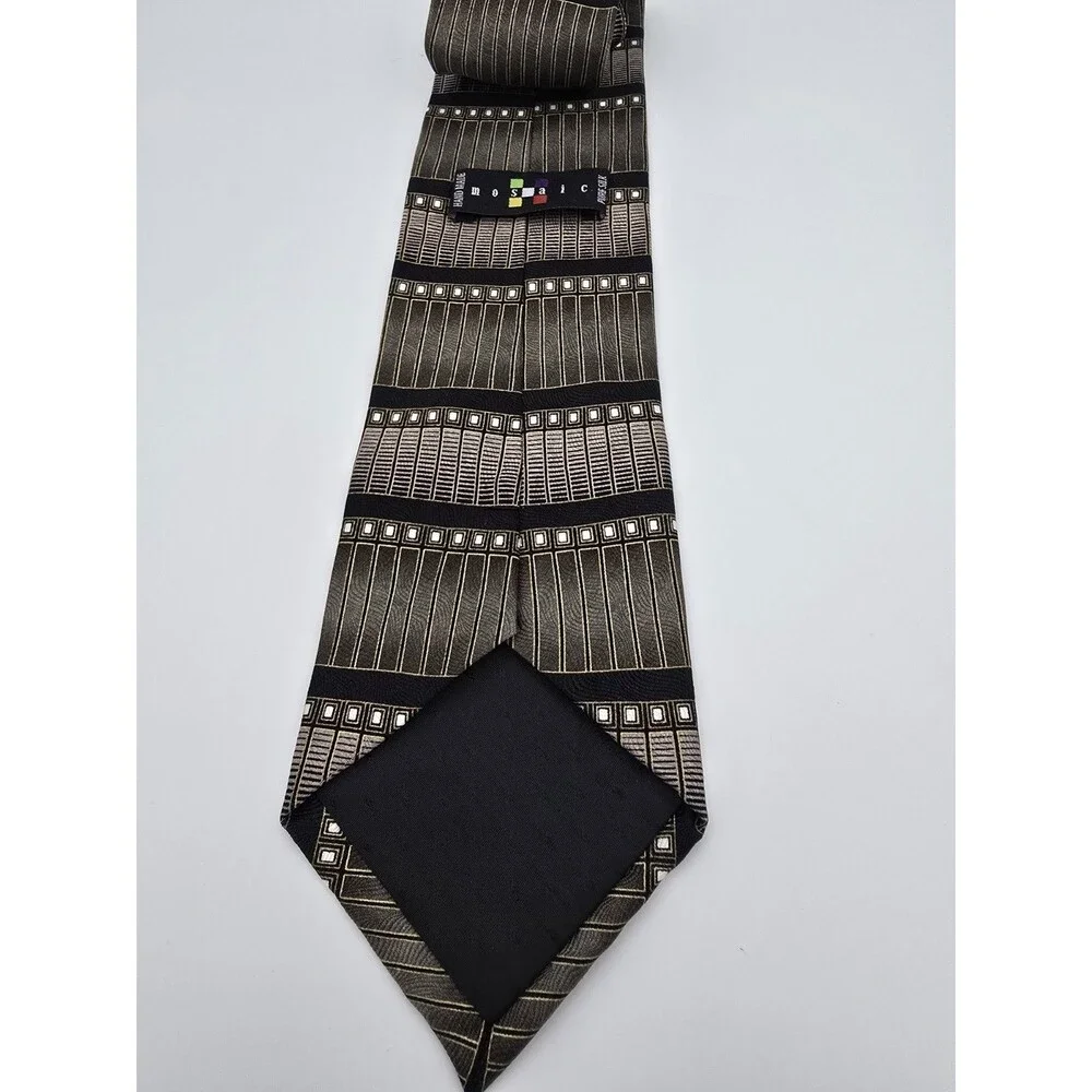 Vtg Mosaic Geometric Silk Tie BlackGold ArtDeco Architectural Retro 90s Handmade